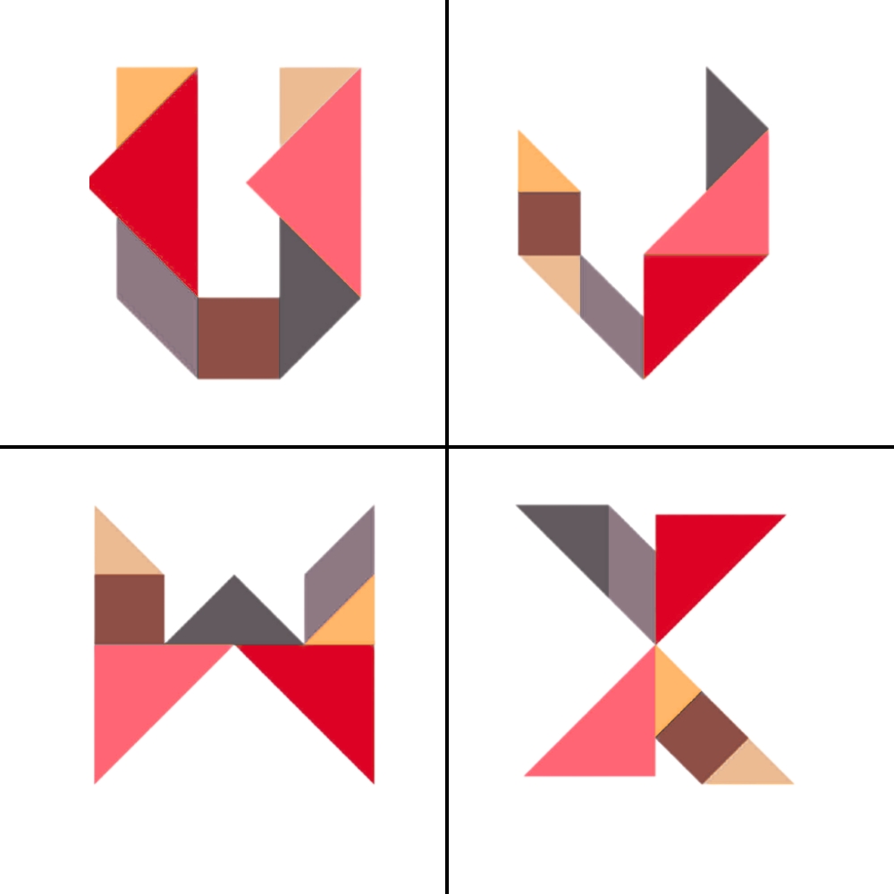 Lettere tangram alfabeto U V W X