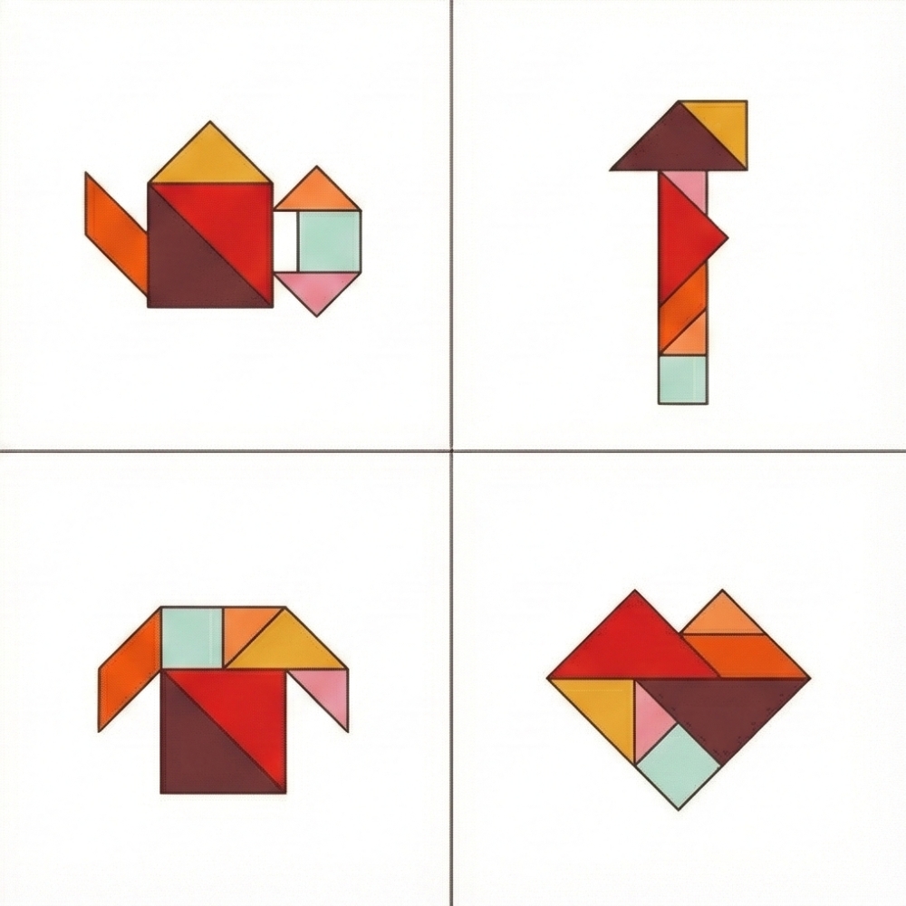 Figure tangram oggetti quotidiani: candela, camicia, casa