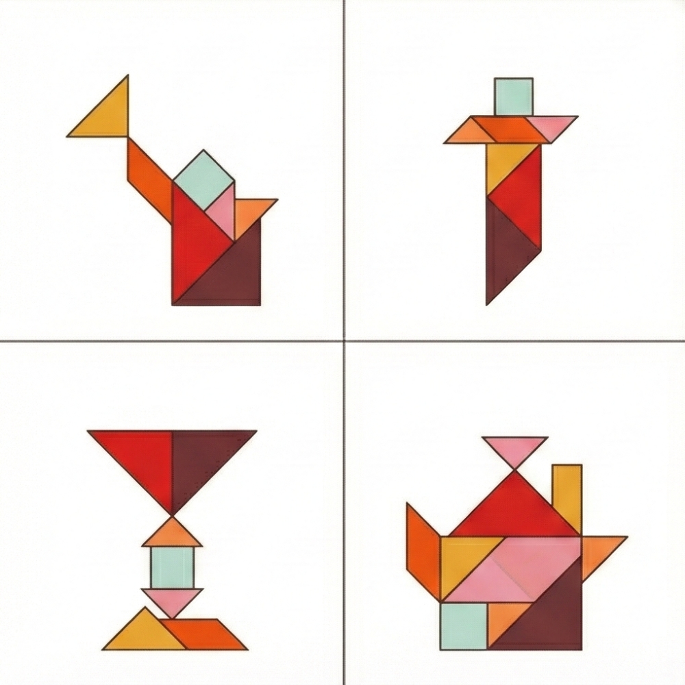 Soluzioni tangram oggetti: teiera, calici e attrezzi